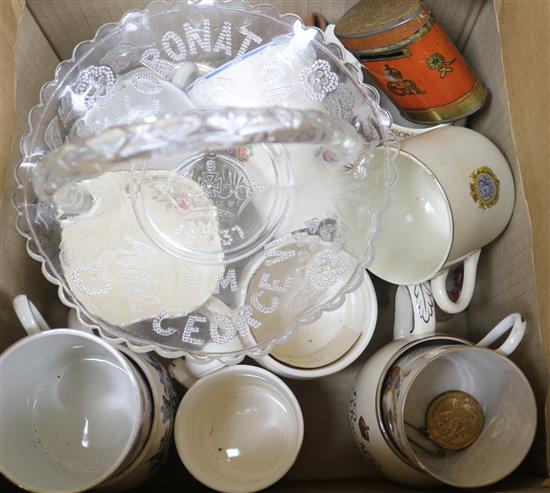A collection of Victorian and later coronation mugs, beakers and saucer